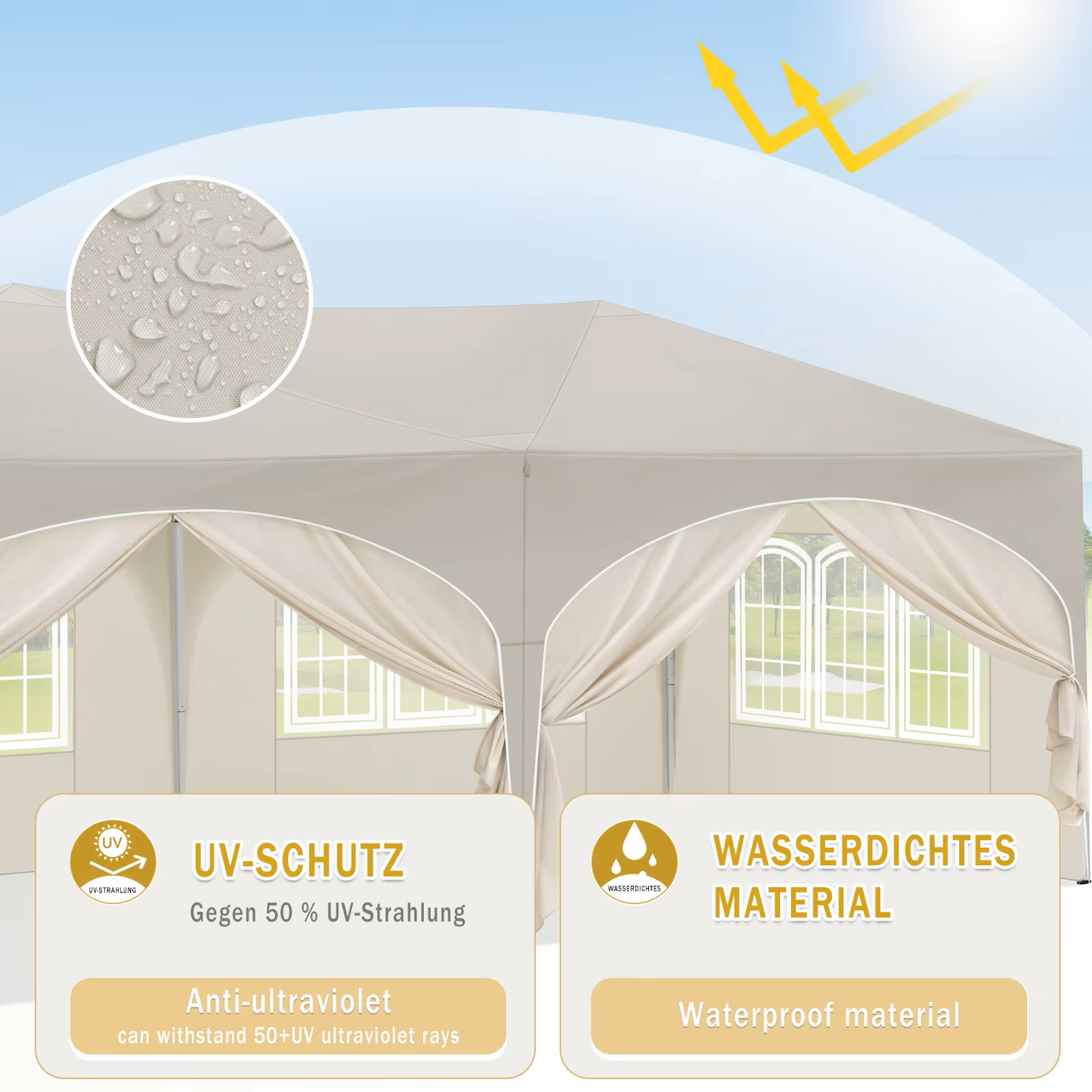 Paviljoen - Tuinpaviljoen - Partytent - Tuintent - Pop-up Kliksysteem - Stabiel - Opvouwbaar - Waterdicht - Winterbestendig - 50+UV-Bescherming - voor Tuin - Buiten - Achtertuin - 210D Oxford-doek - Ijzeren Buis - 3 x 6 m - Beige