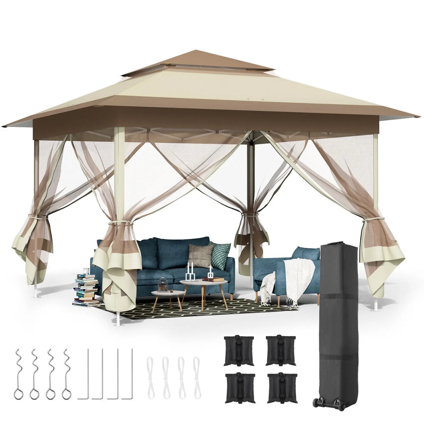 Tuinpaviljoen – Tuinoverkapping – Partytent – Schaduwdoek – Moskitonet – Waterdicht Polyester – Verstelbare Hoogte Tot 291 Cm