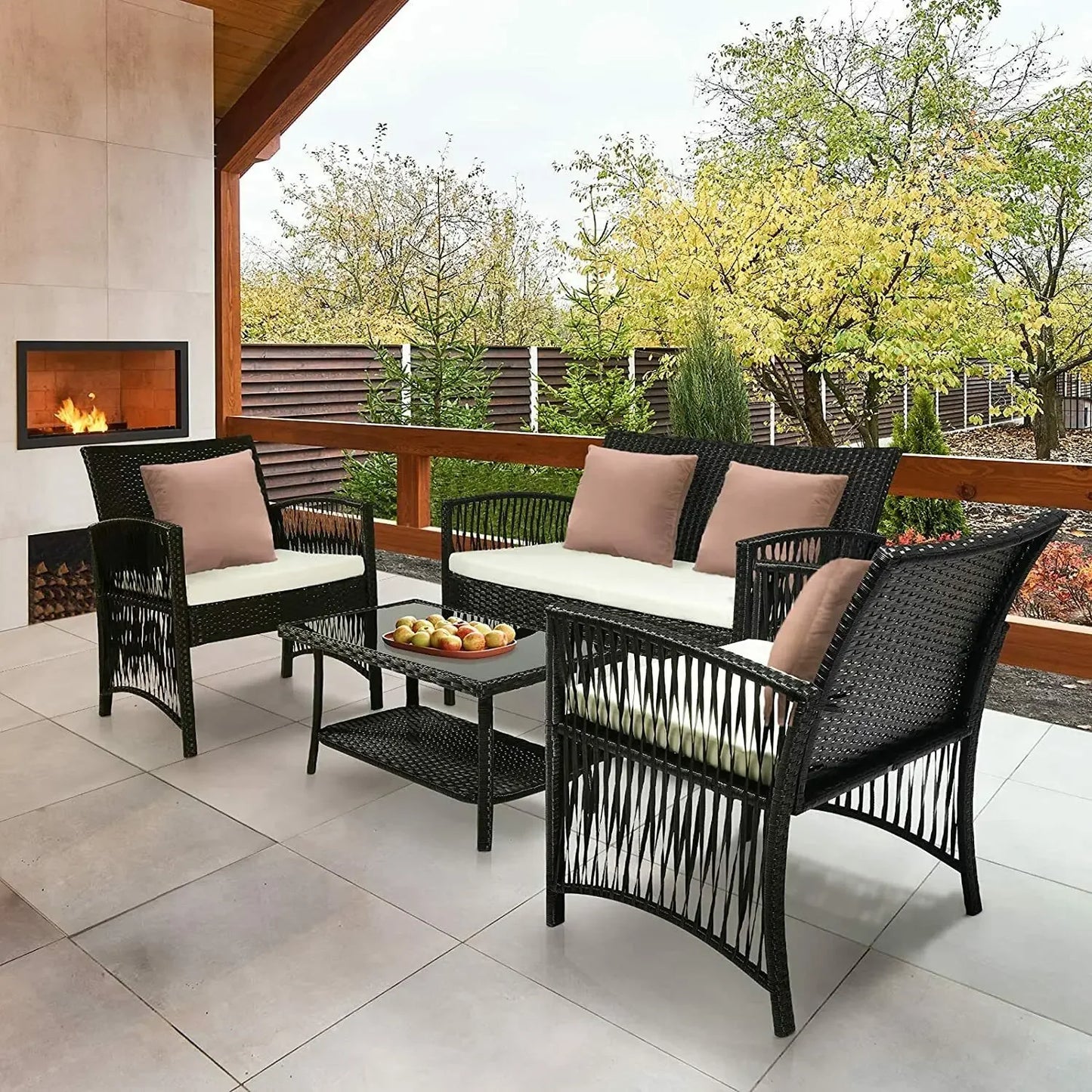 Tuinmeubelset - Tuinset - Bistroset - Tuintafel met Stoelen - Balkonset met Kussen - Glas Tafelblad - Stoelen & Tafel - Rietenmeubelset - voor Tuin - Terras - Balkon - Buiten - Zwart