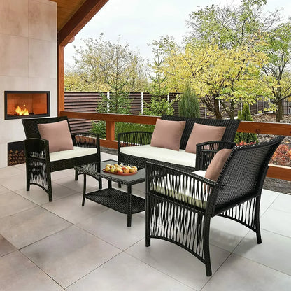 Tuinmeubelset - Tuinset - Bistroset - Tuintafel met Stoelen - Balkonset met Kussen - Glas Tafelblad - Stoelen & Tafel - Rietenmeubelset - voor Tuin - Terras - Balkon - Buiten - Zwart