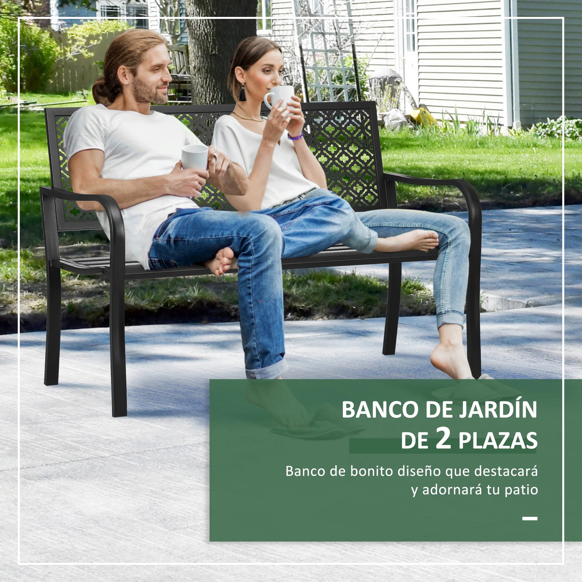 Tuin Bank - Tuinbank Hout - Tuinbanken - Garden Furniture - Stalen Tuinbank voor Twee Personen met Decoratieve Rugleuning - 127x63x83 cm - Zwart - QUORE