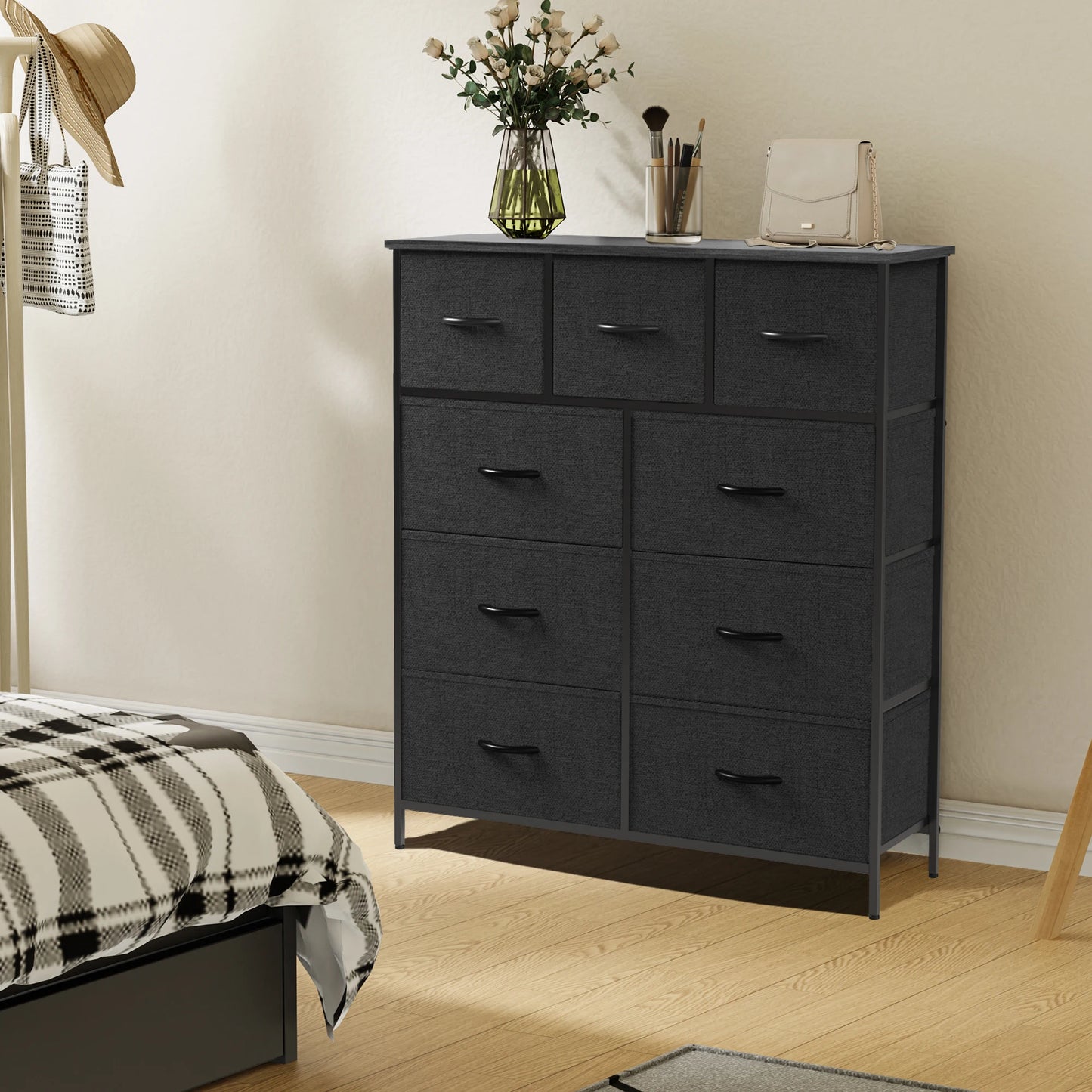 Ladekast - Ladenkastje - met 9 Stoffen Laden – Ruime Dressoir Kast - Stabiele Opbergkast - Compact en Ruimtebesparend - voor Slaapkamer en Kleding - Zwart