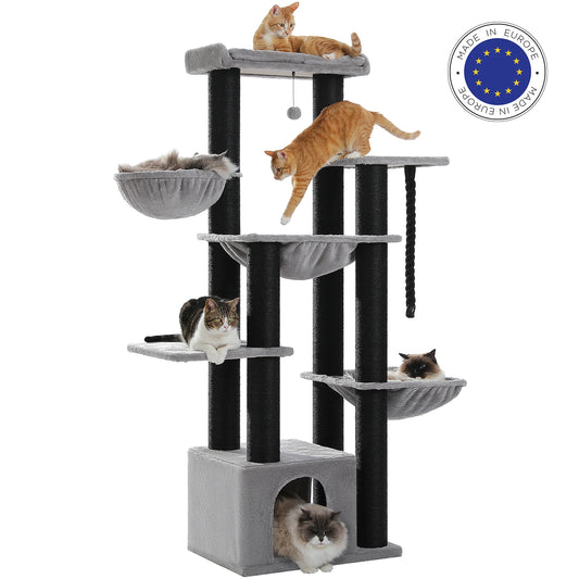 Kattenboom - voor Grote Binnenkatten – Krabpaal - Hoog Kattenmeubel - met Sisal Krabpalen - Condo Hangmat - Meerdere Verdiepingen – Arbre a Chat - met Pluche Perch Speelbal - 170cm - Zwart