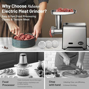Meat Grinder - Food Processor - Personal Mini Blender Mixer - Juicer Dry Grinder - Sausage Grinder - Heavy Duty Hard Meat Grinder - 350W(1500W Max) - Food Grinder with Blade and 3 Plates - Silver
