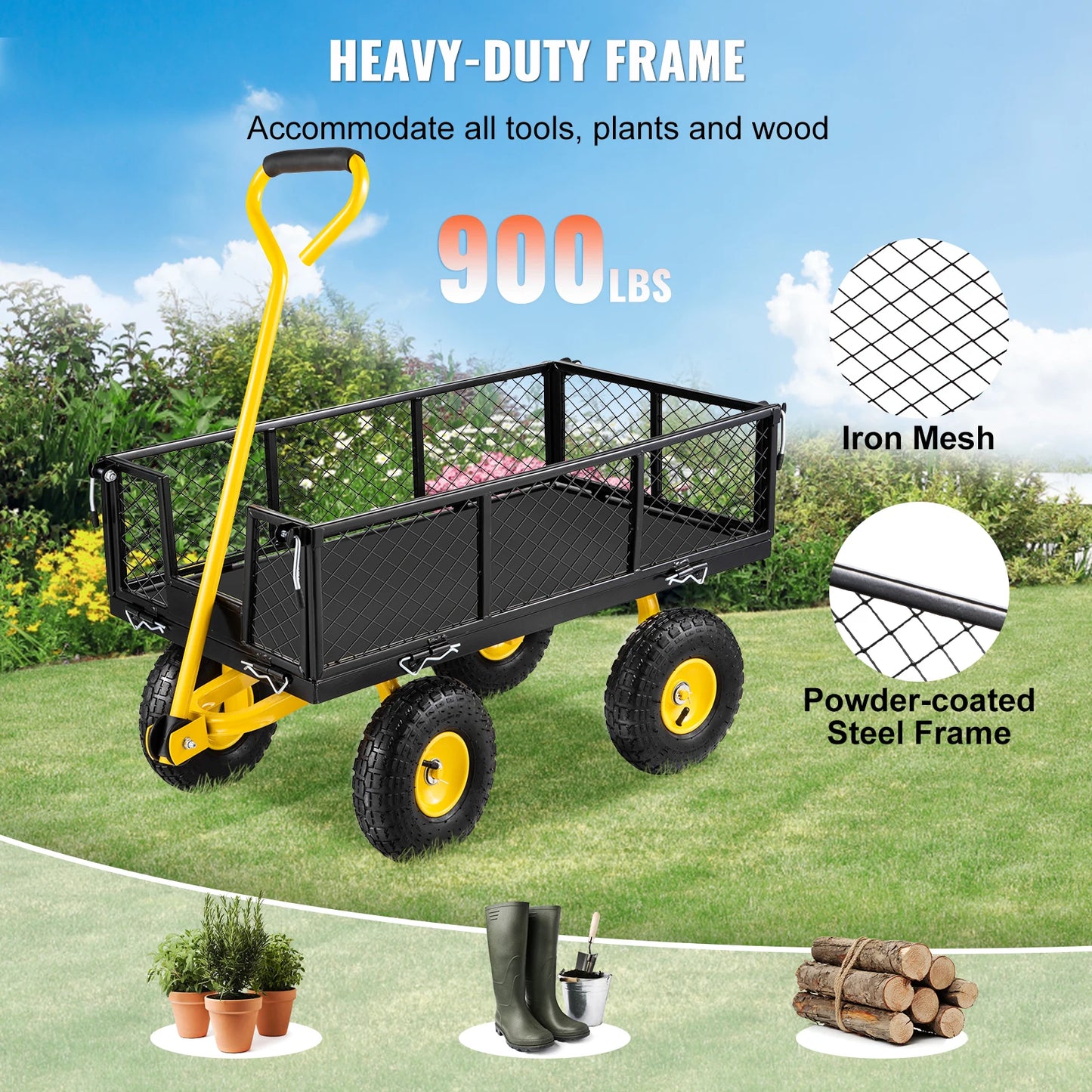 Tuinwagen - Tuinkar - Bolderkar - Strandkar - Verwijderbare Gaaswanden - Luchtbanden - Rubberen Handvat - Heavy-duty - 1200 Lbs