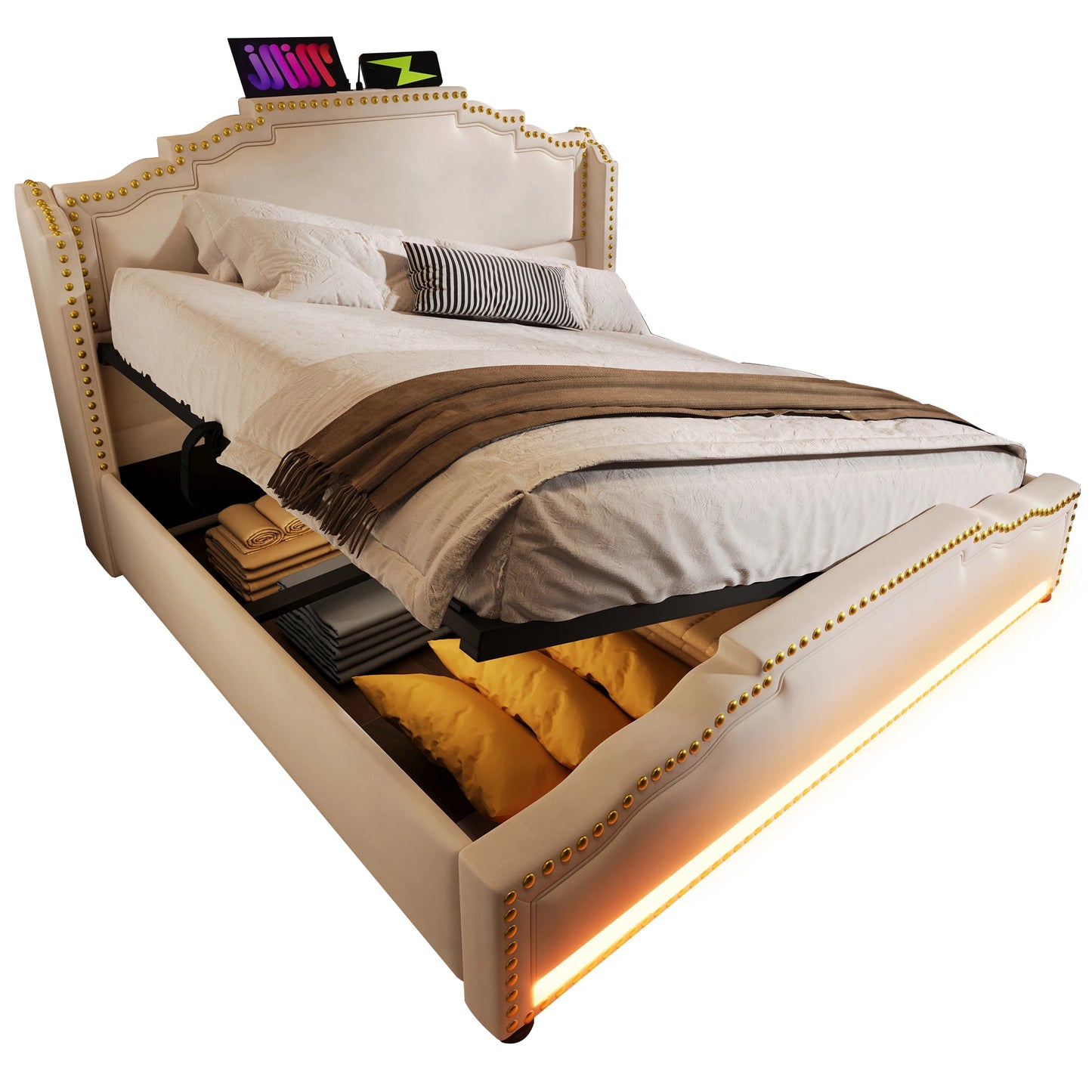 Tweepersoonsbed – Bed – Ledikant – Slaapbank – Opbergbed – Beige Velvet 140x200 cm – Hydraulische Opbergruimte – LED-Verlichting en USB-C Oplaadpoort