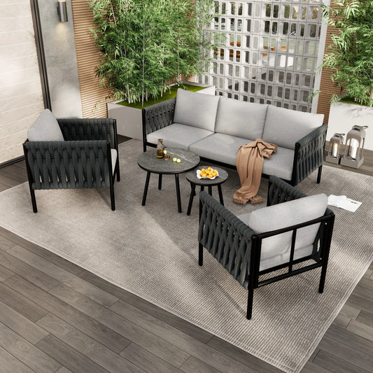 Tuinmeubelset – Tuinset – Buitenmeubels – Loungeset – Zithoek – Handgeweven Rope – Weerbestendig Stalen Frame - Lichtgrijs
