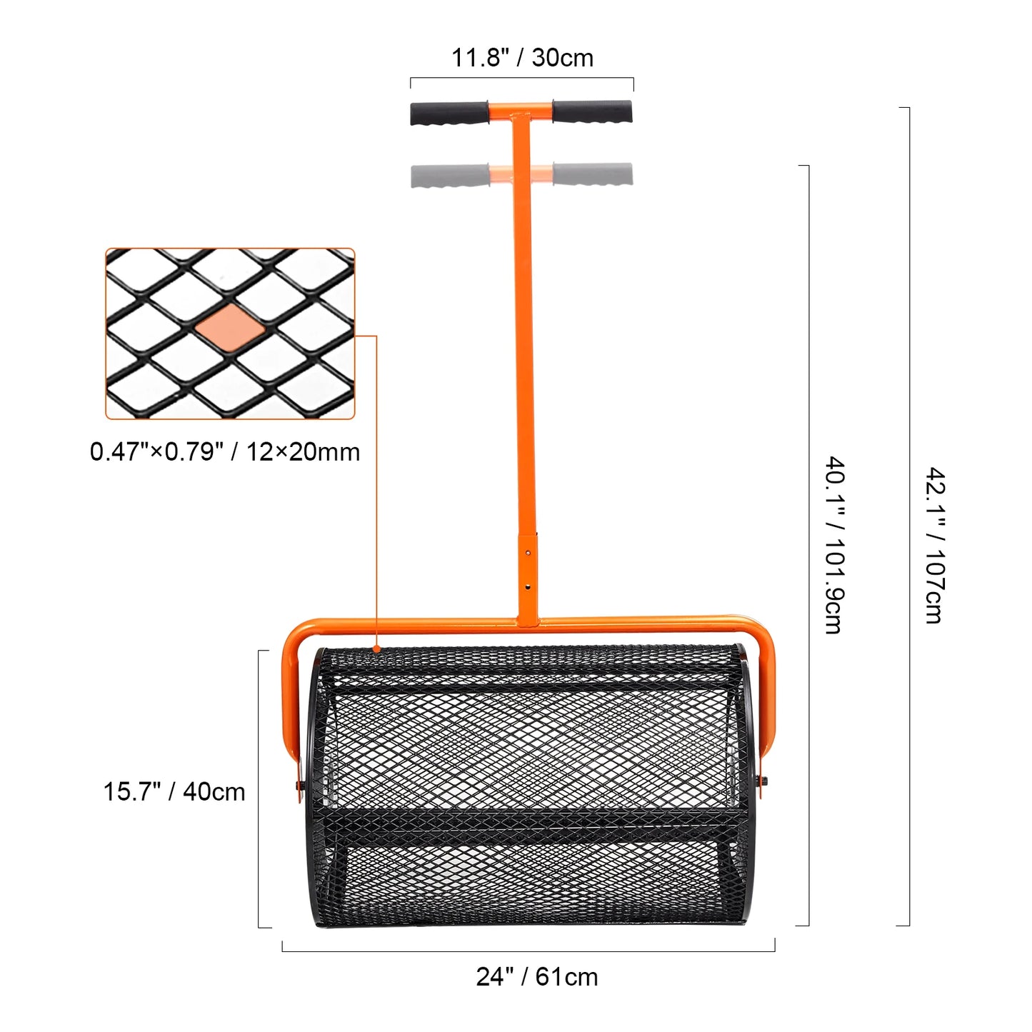 Compostverspreider - Strooiwagen - Lichtgewicht Ontwerp - Turf Mos Roller - Verstelbaar Handvat -  voor Tuin - Gazon - 24inch -  61 x 107 cm - Oranje/Zwart