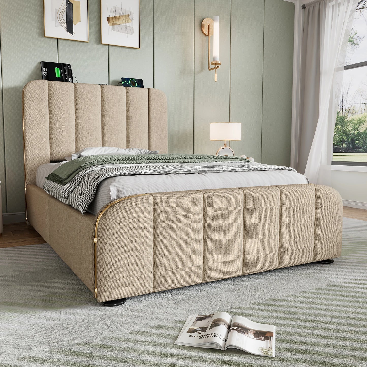 Ledikant – Babybed – Meegroeibed – Peuterbed – Kinderbed – Beige Linnen Bekleding – Hydraulische Opbergruimte – USB & Type-C Oplaadpoort - QUORE