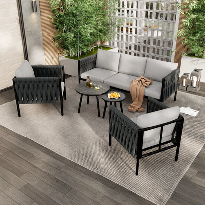 Tuinmeubelset – Buitenmeubelset – Tuinbank – Terrasmeubelen – Handgeweven Design – Weerbestendig Staal – Marmeren Glazen Tafel