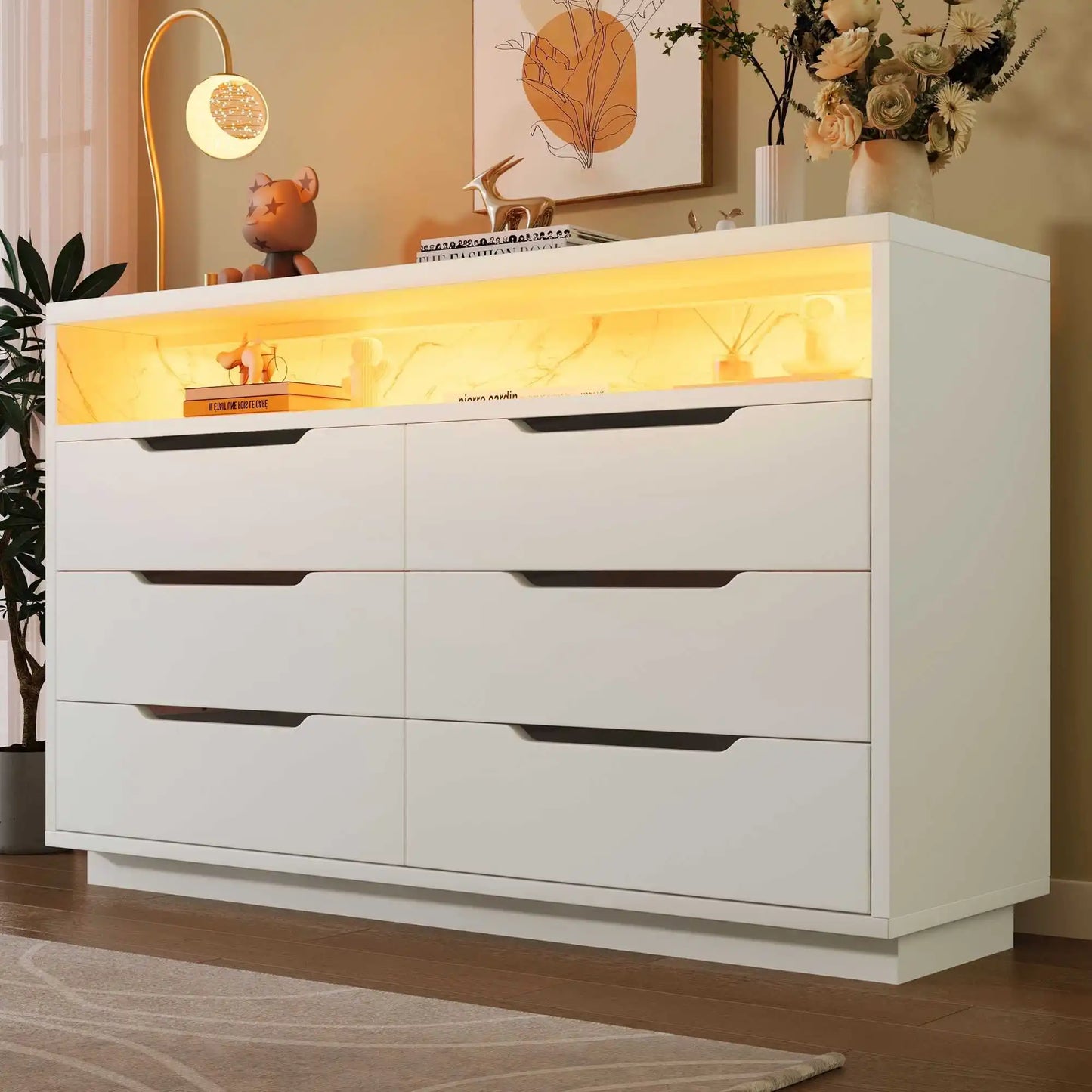 Ladenkast – Ladekast – Kast Met Laden – Opbergkast – Moderne Marmerlook – 6 Laden – LED-Verlichting - QUORE