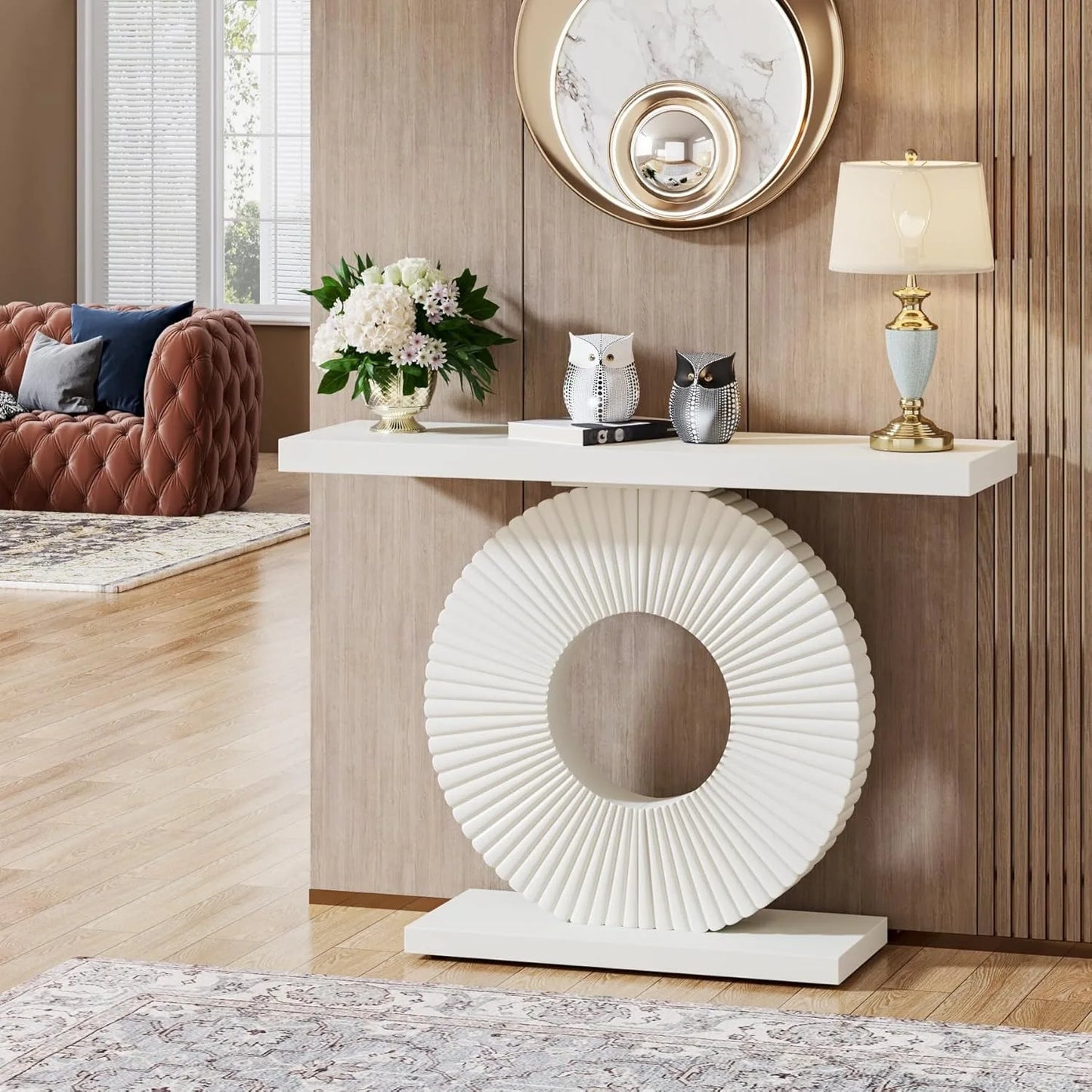 Sidetable – Consoletafel – Haltafel – Accenttafel – Salontafel – Modern Geometrisch Metaal Onderstel – Warm Houten Tafelblad 120x30 cm