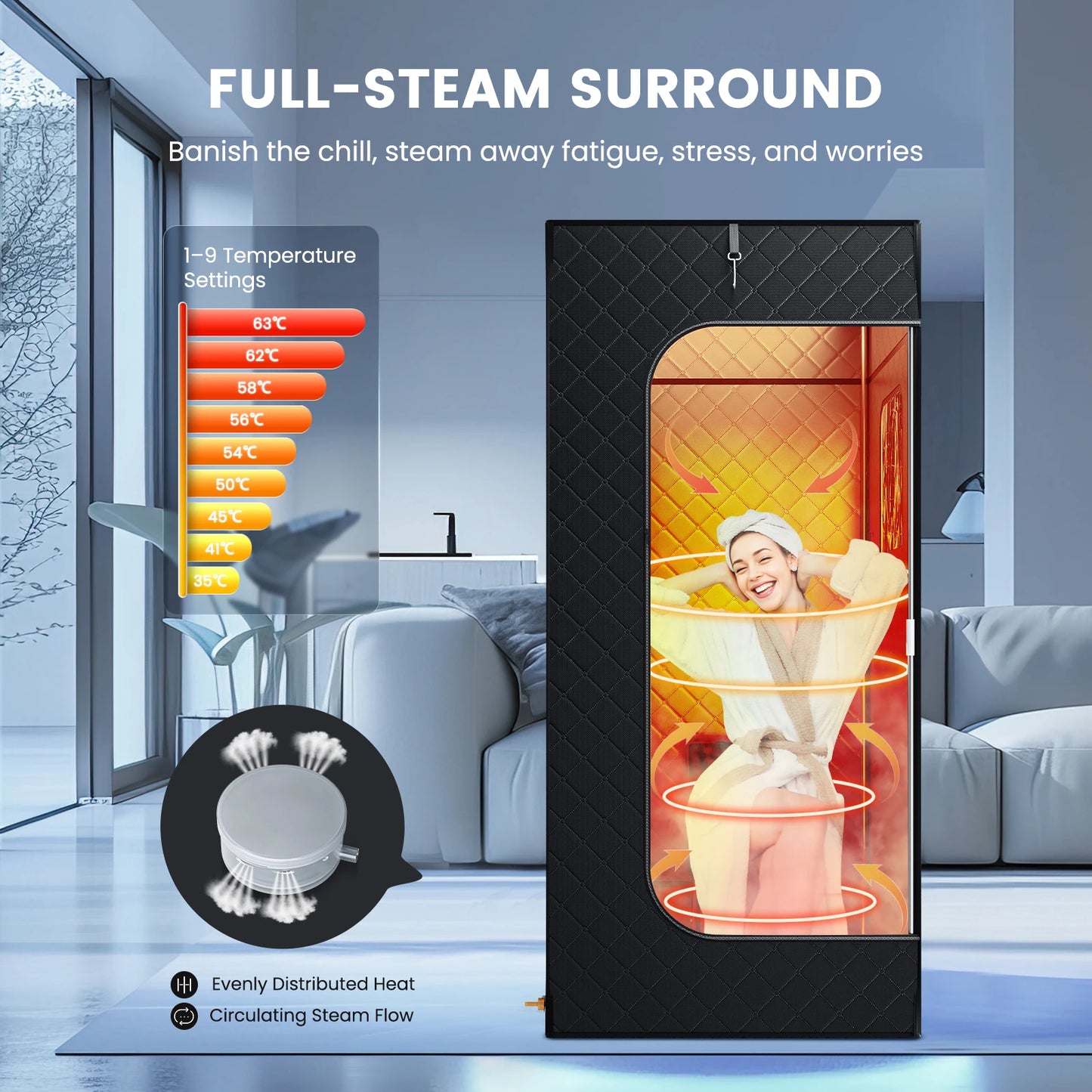 Stoombad Tent – Sauna Tent – Draagbare Sauna – Stoomcabine – Persoonlijke Sauna – 9 Temperatuurinstellingen – 1000W Stoomgenerator 2,6L Reservoir – Zwart