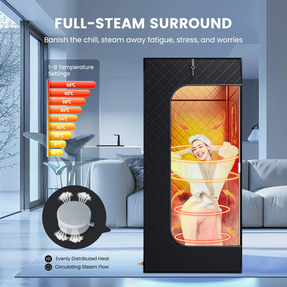 Stoombad Tent – Sauna Tent – Draagbare Sauna – Stoomcabine – Persoonlijke Sauna – 9 Temperatuurinstellingen – 1000W Stoomgenerator 2,6L Reservoir – Zwart