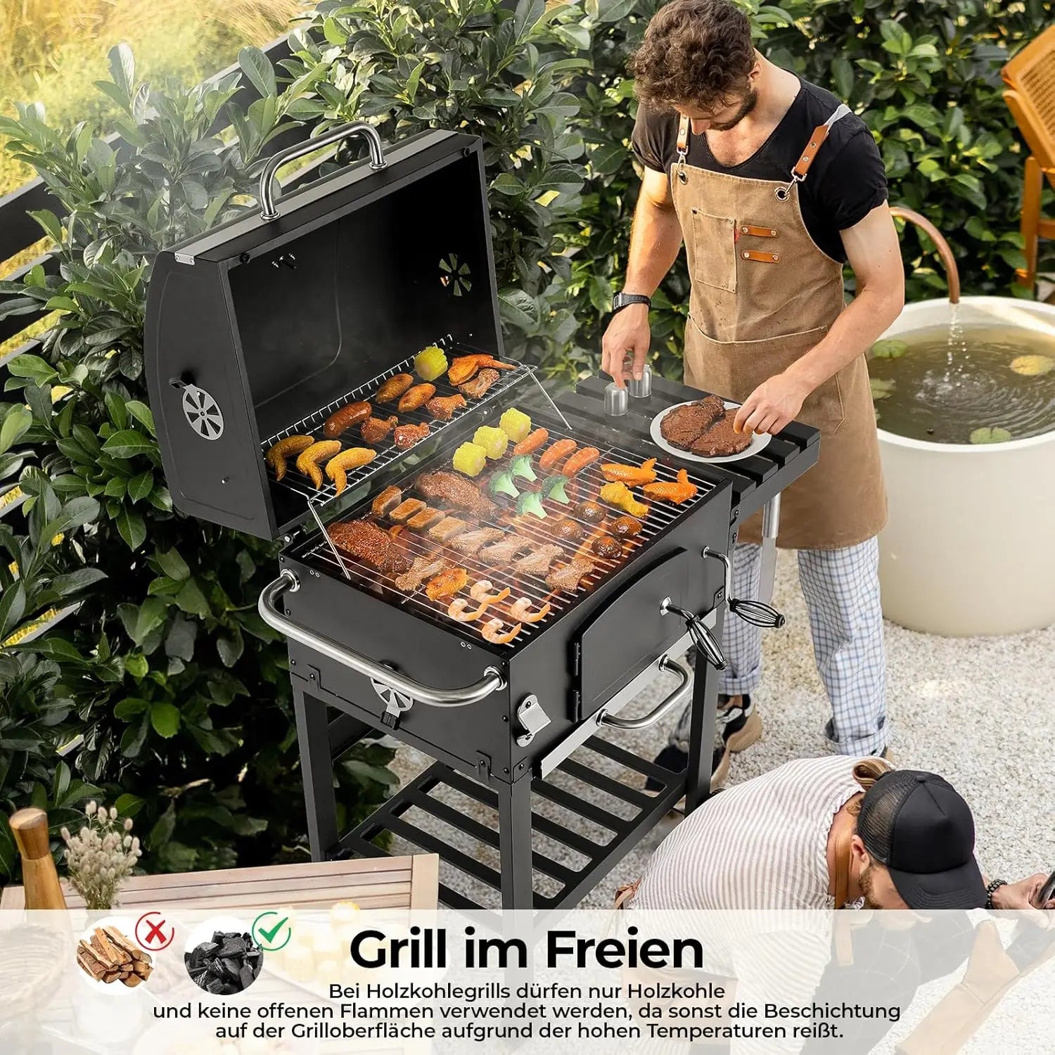 Charcoal Grill Cart with Lid,BBQ Smoker,Charcoal Grill Trolley with 2 Wheels,Standing Grill,for Camping,Garden - QUORE