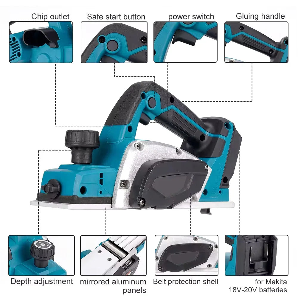 Schaafmachine - Elektrische Schaaf - Parallelgeleider - Opvangzak - Draadloze Elektrische Houtfrees - 1200W - 15000RPM - Brushless Motor - Houtbewerking Schaaf- en Freesmachine - 2 Accu