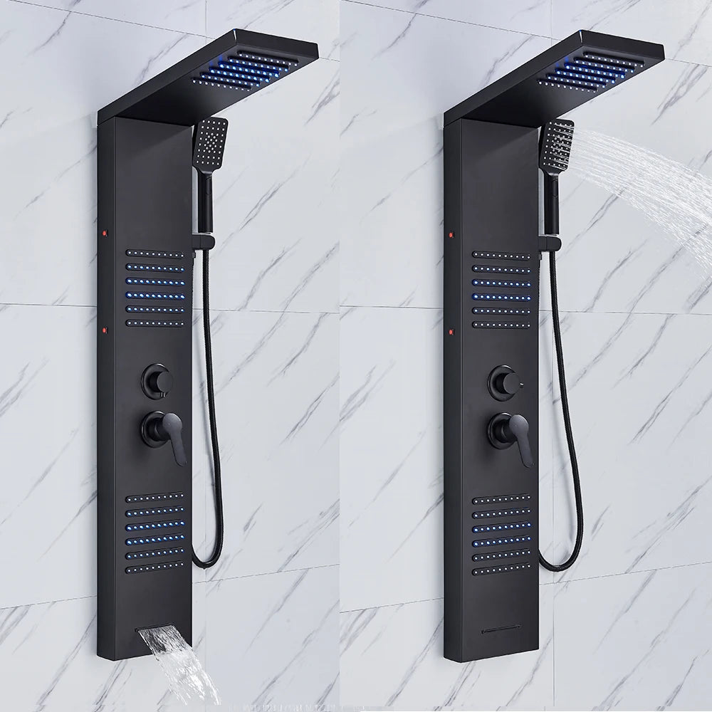 Douche - Regendouche - Douchewand - Douchekolom - Douchepanelen - Mat Zwarte LED Douchezuil - Waterval & Regendouche - Massagejets - Dubbele Bediening - Zwart - QUORE