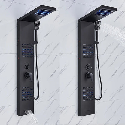 Douche - Regendouche - Douchewand - Douchekolom - Douchepanelen - Mat Zwarte LED Douchezuil - Waterval & Regendouche - Massagejets - Dubbele Bediening - Zwart - QUORE