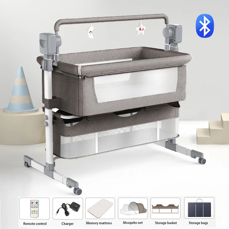 Foldable 3 in 1 Baby Bedside Sleeper Crib Smart Electric Bassinet Portable Use with Bluetooth Music Auto Rocking Feature Cot - QUORE