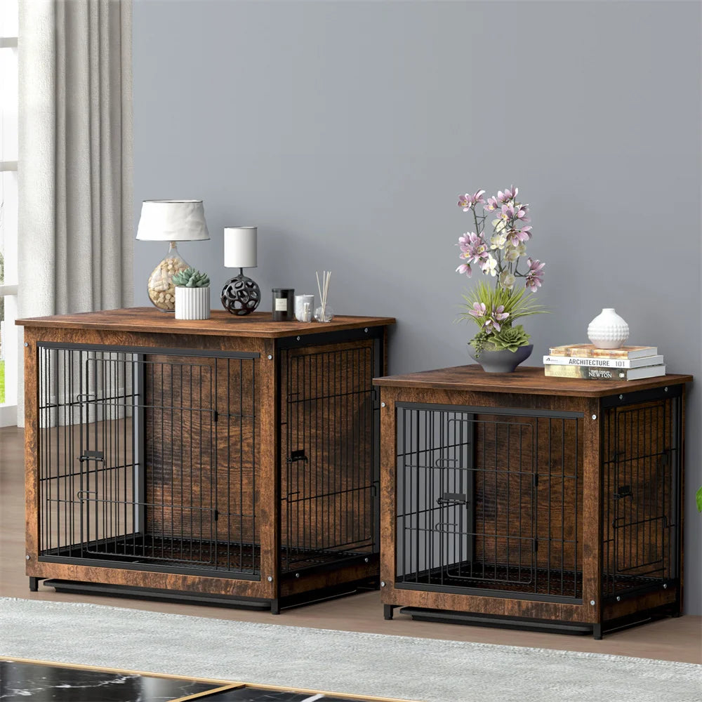Houten Hondenbench - Hondenkennel Hout - Binnenbench - Dubbele Deur - Hondenhuis - Bijzettafel - Industrieel - 3-in-1 Ontwerp - Klein
