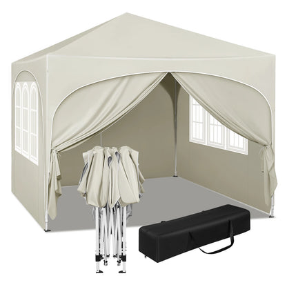 Party Tent - Opvouwbare - Tuinpaviljoen - 3x3m - Waterdichte - Verstelbare Hoogte - Gazebo - 4 Afneembare Zijpanelen - met Vensters - UV-Bestendig - Waterdichte - voor Camping - en Picknick - Beige - QUORE