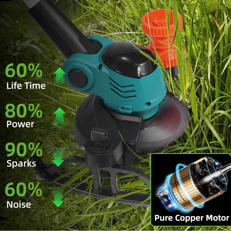 Handmaaier - Grasmaaier - Grastrimmer - Grasschaar - Grasmachine - 3000W - 6-Inch - Elektrische/Accu - Grastrimmer met 90° Verstelbare Kop – Snoerloos Tuingereedschap - 21V/18V Compatibel - Inclusief 2x Accu - QUORE