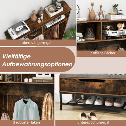 4-in-1 Kapstok met Zitbank – Garderoberek met Open Vakken - Schoenenkast en 3 Haken – Halgarderobe met Zitkussen – 90 x 38,5 x 170 cm