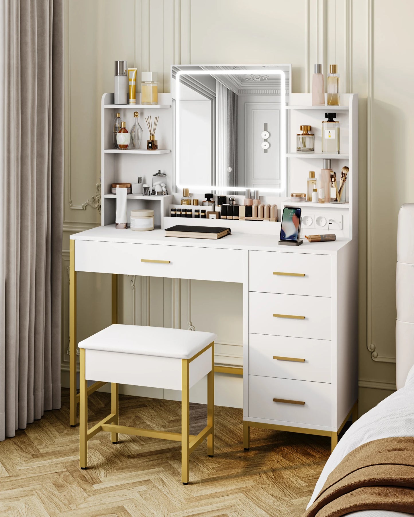 Make-up Tafel – Kaptafel – Schminktisch – Toelettafel – Dressing Table – Met LED-Verlichting en HD Spiegel – 108x40x140 cm – MDF Wit met 5 Lades en USB-stopcontact