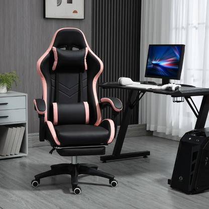 Gaming Stoel - Bureaustoel - Swivel Stoel - met Voetsteun - Hoofdsteun - Verstelbare - Rugleuning - Lendenkussen - Ergonomische - Draaibare - 65 x 65 x 121-129 cm - Zwart & Roze - QUORE