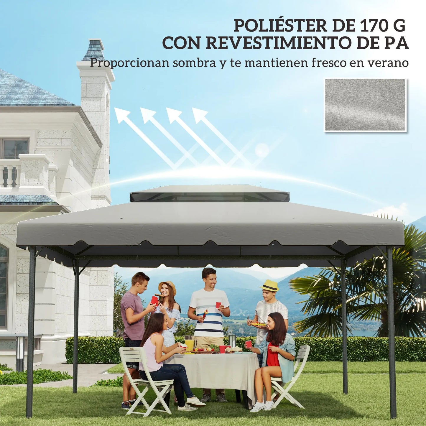 Gazebo - Tuin Dak - Reservedak - 2 Niveaus - Pergola Awning - met 180 g/m² Ademend Anti-UV Polyesterweefsel - PA-Coating - 10 Drainagegaten - Stevig - Durzaam - voor Tuin - Buiten - 3 x 4 m - Lichtgrijs