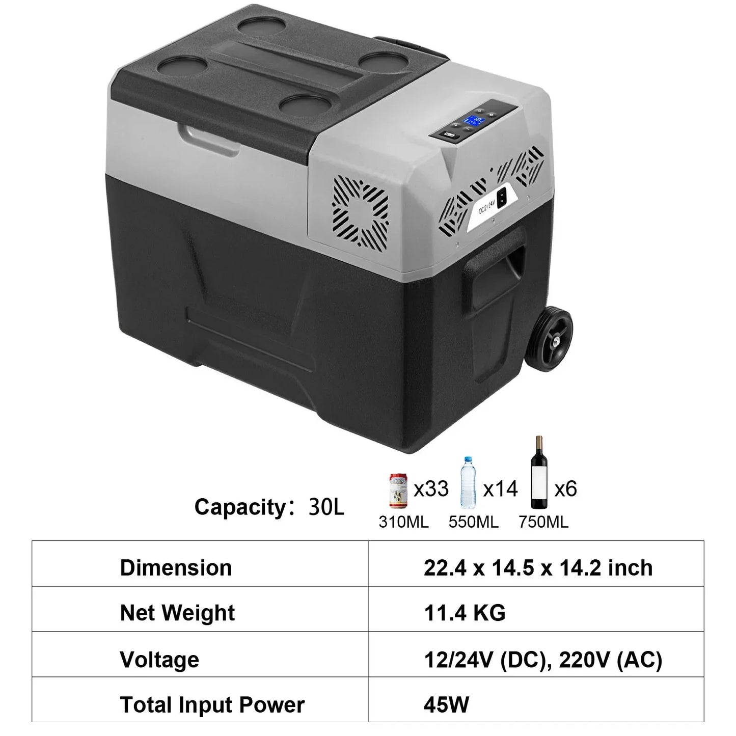 Mini Koelkast - Camping Koelkast - Auto Koelkast - 12V/24V 110-240V - Compressor Koelbox - Minikoelkast Eten & Drinken - 30L - QUORE