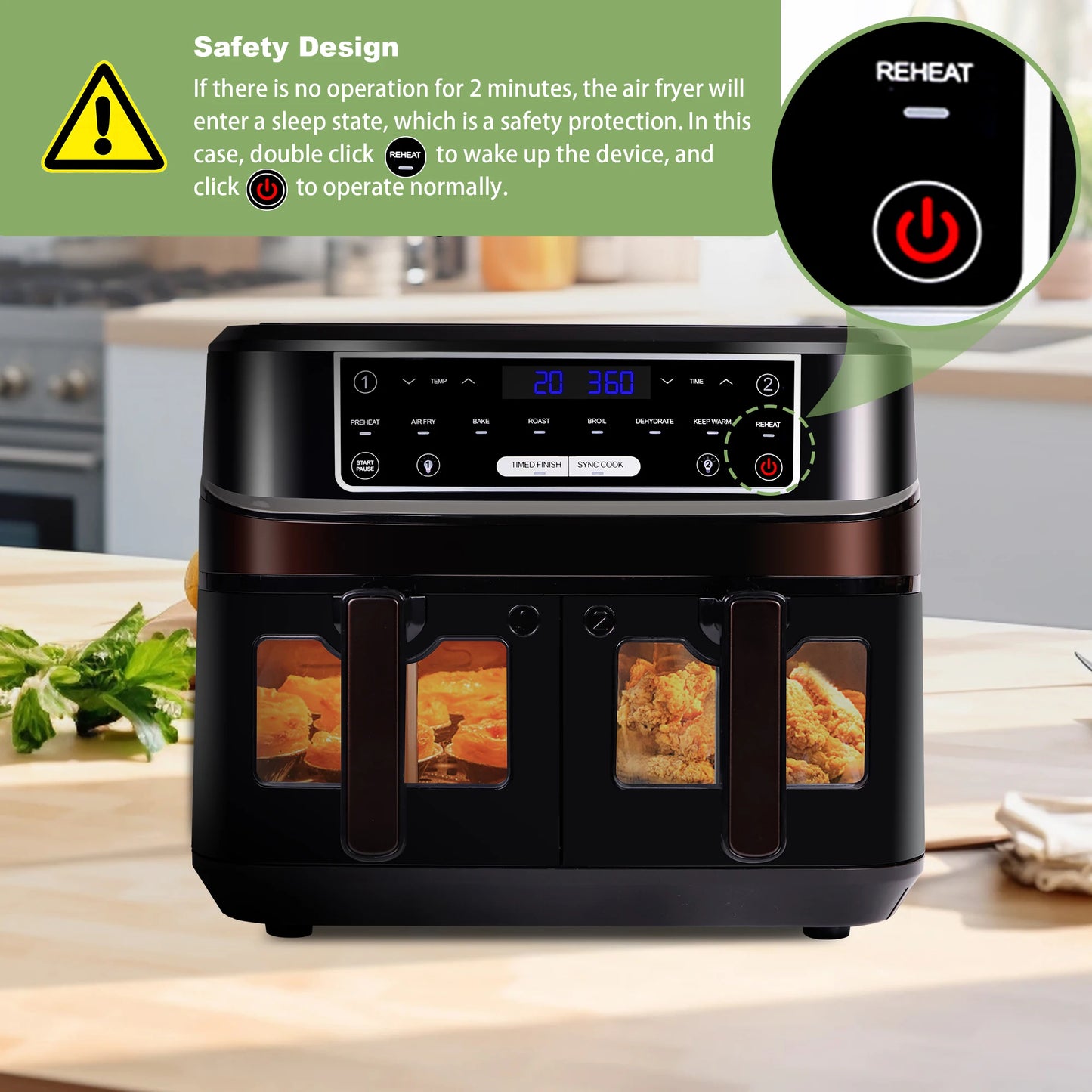 Heteluchtfriteuse 10L – Airfryer - Dubbele Lades – 2000W - 240V - Touchscreen – 8 Automatische Programma's – Kijkvenster - Zwart - QUORE