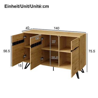 Modern Dressoir – Wandkast – Buffetkast – Opbergkast – Sideboard – Houten Design – Metalen Poten – 140x40x75,5 cm – Ruime 3-Deurs Opbergruimte