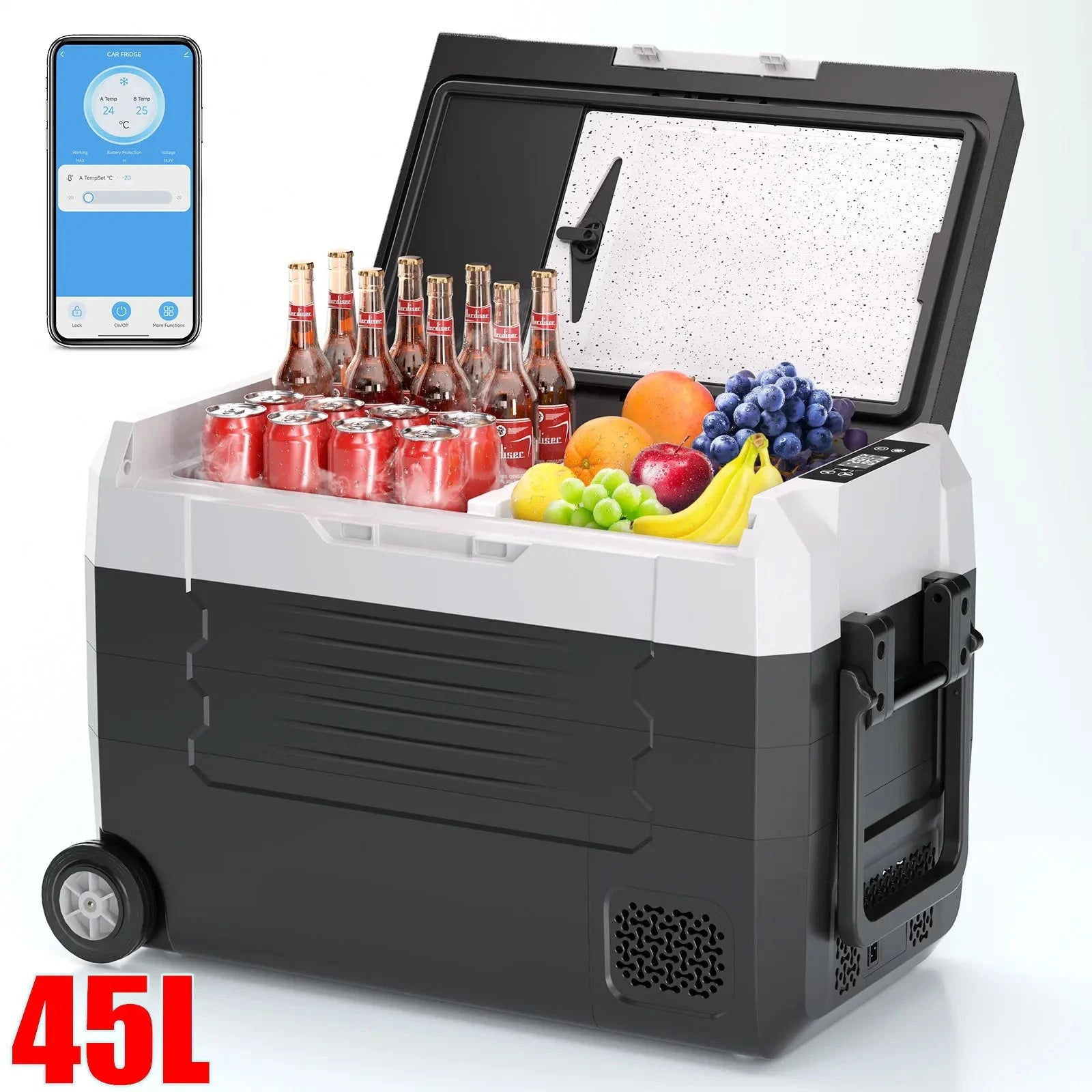 Auto Koelbox - Compressor Koelbox - Auto Koelkast - Compressor Koelkast - Frigobox - Draagbare - 45L- met Bluetooth - Dual Zone - Vriezer & Koeler - -20°C tot 20°C - 12V/24V & 230V - Met Wieltjes - voor Auto - Camper - Outdoor - QUORE