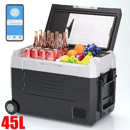 Auto Koelbox - Compressor Koelbox - Auto Koelkast - Compressor Koelkast - Frigobox - Draagbare - 45L- met Bluetooth - Dual Zone - Vriezer & Koeler - -20°C tot 20°C - 12V/24V & 230V - Met Wieltjes - voor Auto - Camper - Outdoor - QUORE