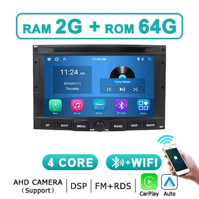 Autoradio – Auto Stereo – Multimedia Speler – 2DIN Radio – Bluetooth Radio – Draadloos CarPlay – Android 14 – 7 Inch Touchscreen
