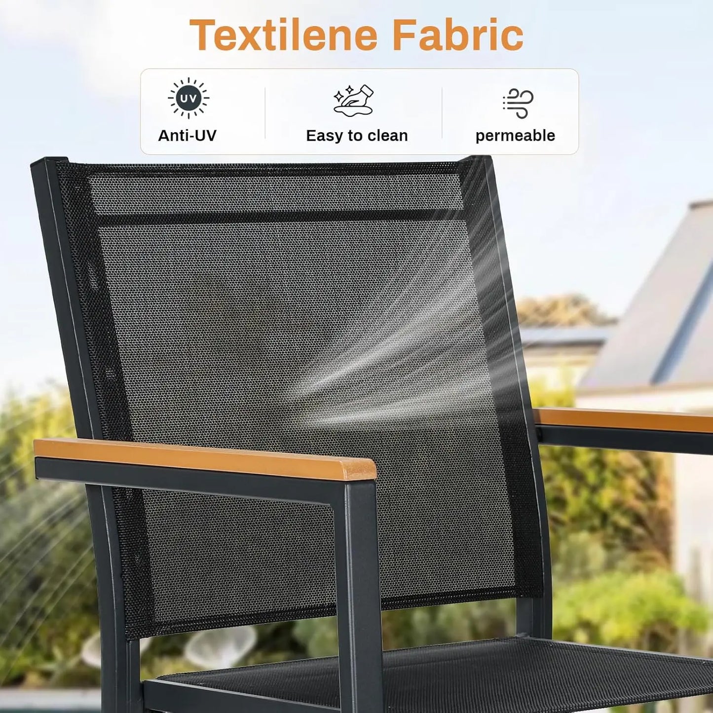 Tuinstoelen – Stapelbare Stoelen – Tuinmeubilair – Buitenstoelen – Aluminium Frame – Ademend Textilene – Weerbestendig - Set van 6 - Zwart