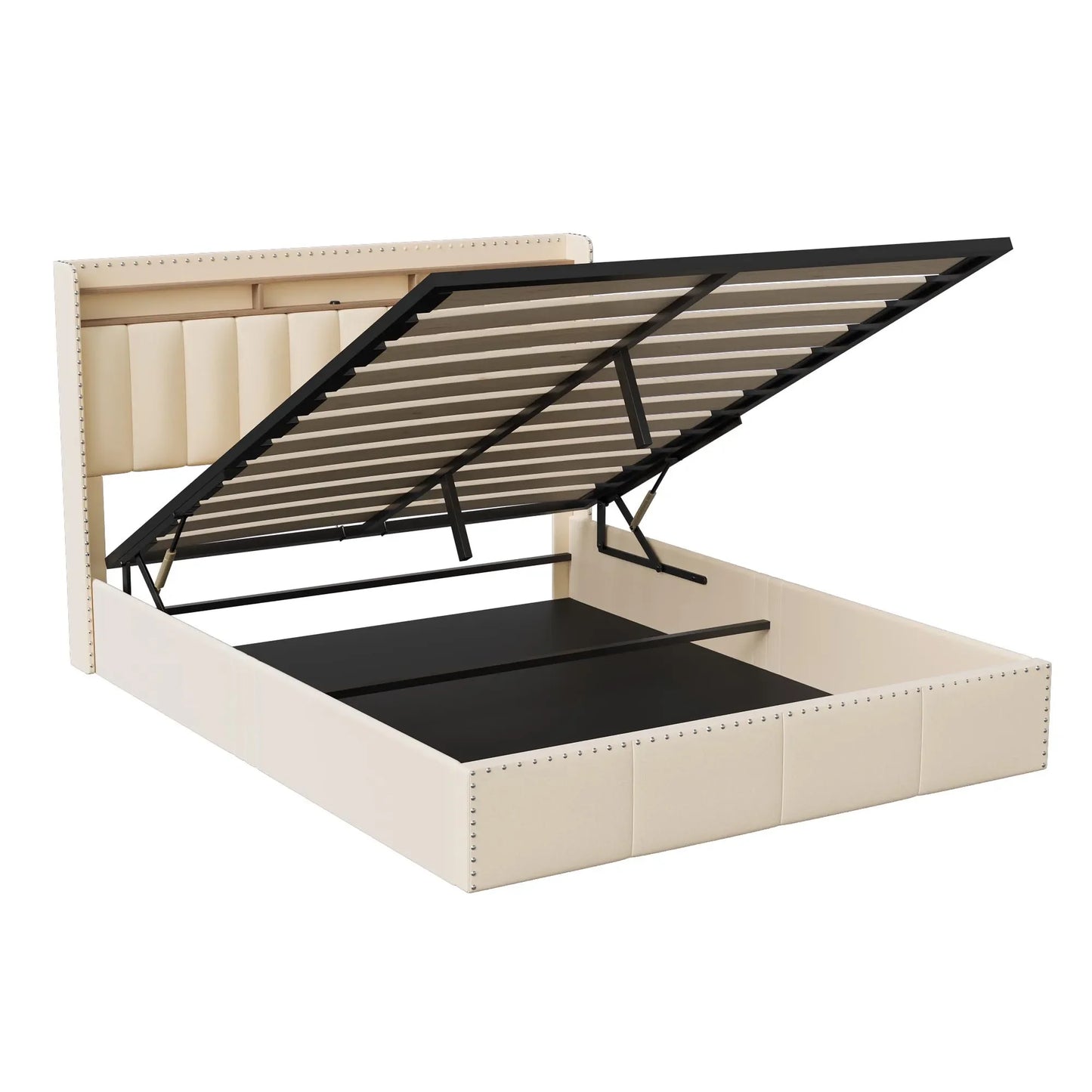 Opbergbed – Opbergboxspring – Gestoffeerd Bed – Bed Met Lade – Velvet Hoofdbord – LED Verlichting – USB Poorten - 160 x 200 cm - Beige