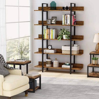 Boekenkast - Kast - Ladderkast - Wandkast - Industriële 5-Laags - met IJzeren Frame – Stabiele Opbergplank voor Boeken & Decor – Bruin - QUORE