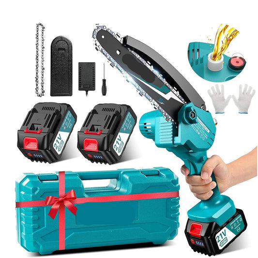 Mini Kettingzaag - Handzaag - Snoeizaag - Kettingzaag - 6 Inch - Draagbaar - Draadloos - 800W - Compacte Kettingzaag - voor Tuin - Houtbewerking - 2 Accu’s - QUORE