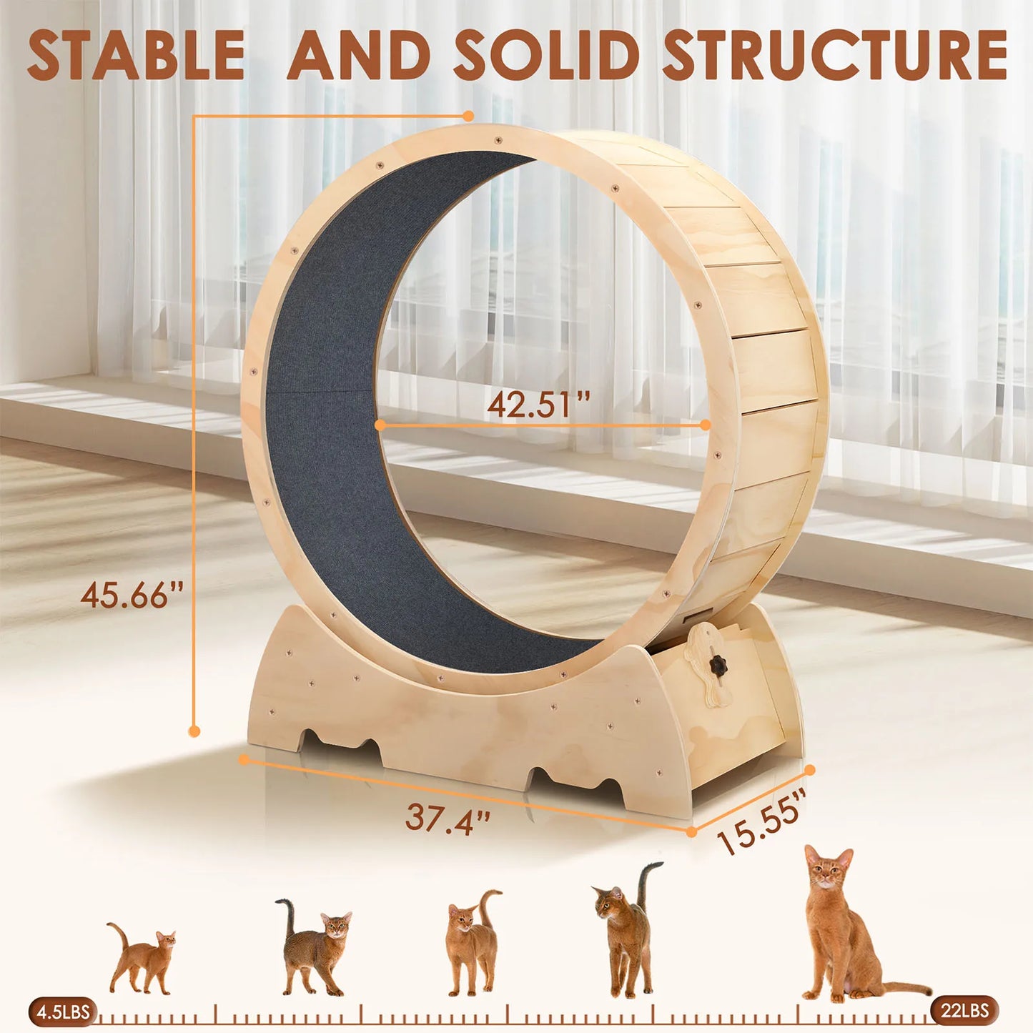 Katten Loopwiel - Looprad - Fitness - Stevig Hout - Stille Draaiende Dieren - 42,51inch - voor Grote Katten - Zware Binnen Rennwiel - met Anti-Slip Ontwerp - Geel
