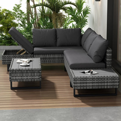 Loungebank – Tuinbank – Loungeset – Buitenbank – Tuinmeubel – PE-Rattan – Verstelbare Fauteuil tot 50° - Grijs