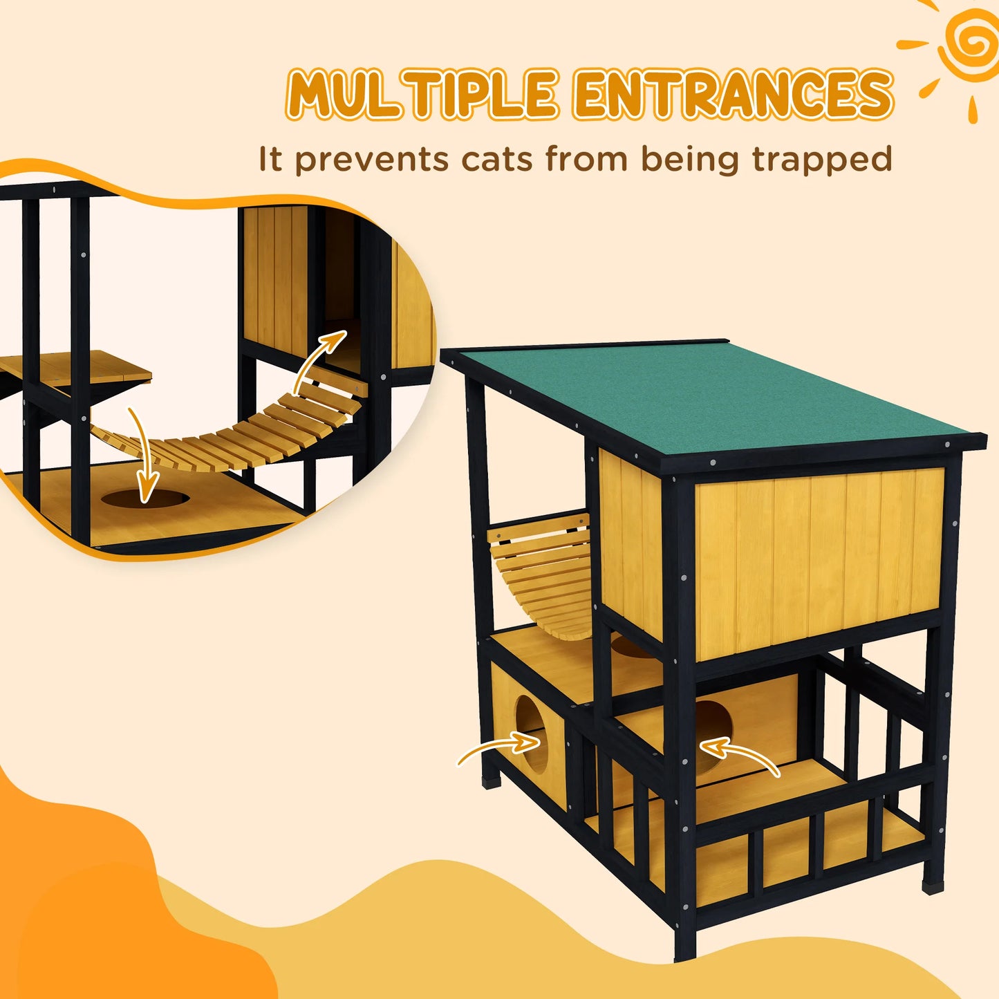 Houten Kattenhuis – Buitenverblijf – Kattenhok – Kattenhuisje – Buiten Kattenhut – Waterafstotend Dak – Speelplatform
