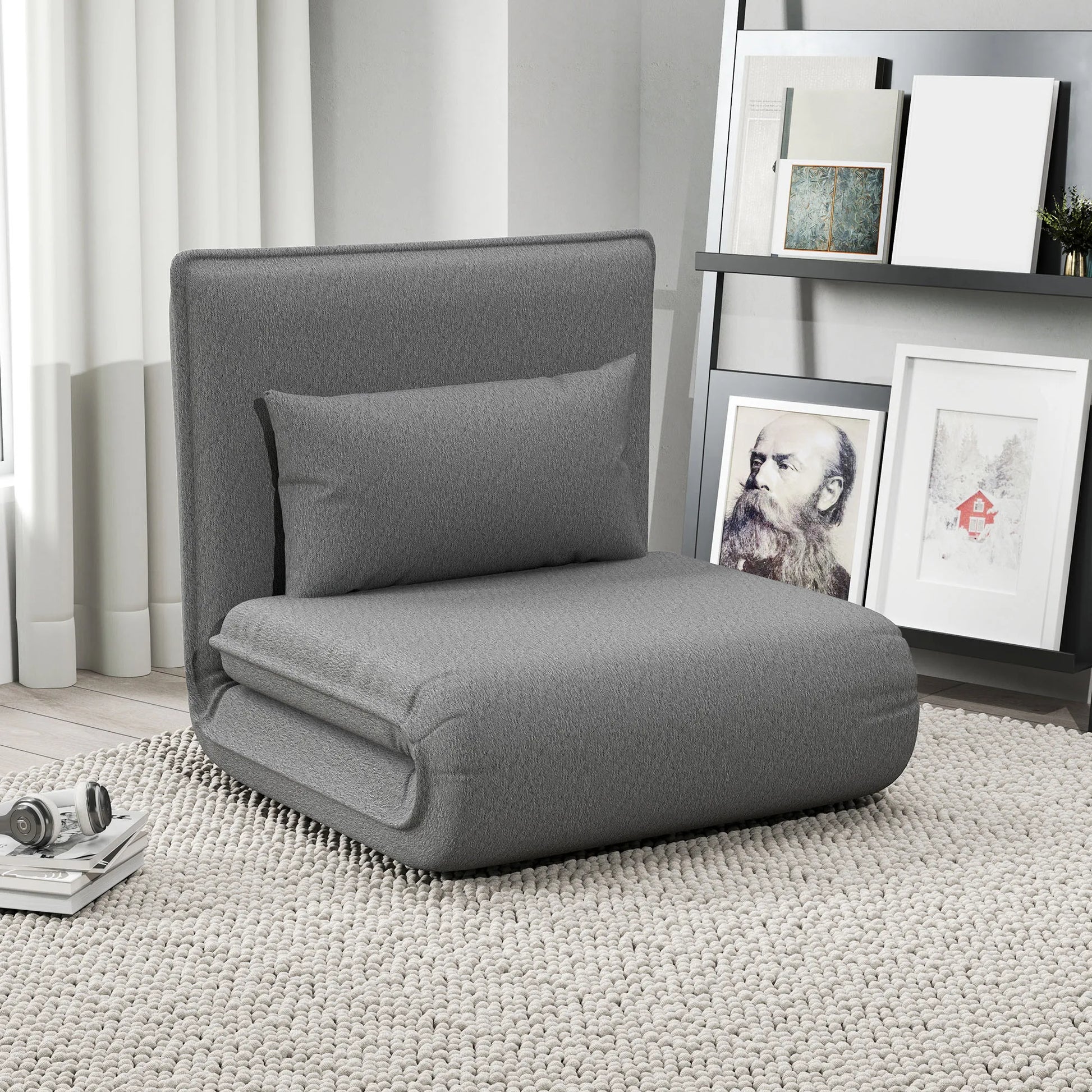 Vloerstoel – Zitstoel – Loungestoel – Slaapstoel – Inklapbaar – 6 Verstelbare Posities – Kunstleer Bekleding - 75 x 81 x 68 cm - Grijs - QUORE