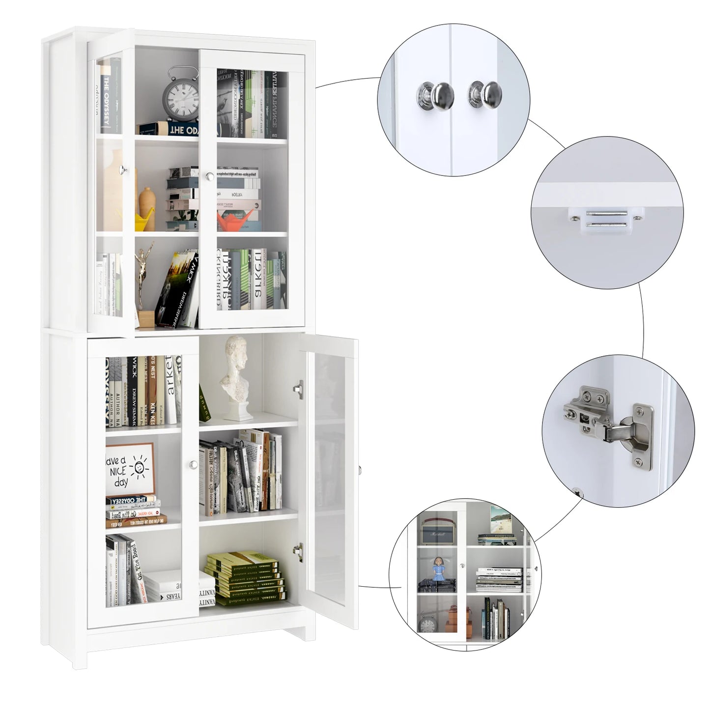 Vitrinekast – Vitrinekast Met Deuren – Displaykast – Boekenkast – Keukenkast – 4 Glazen Deuren – Strak Mat Wit – 190x80x33 cm Hoog