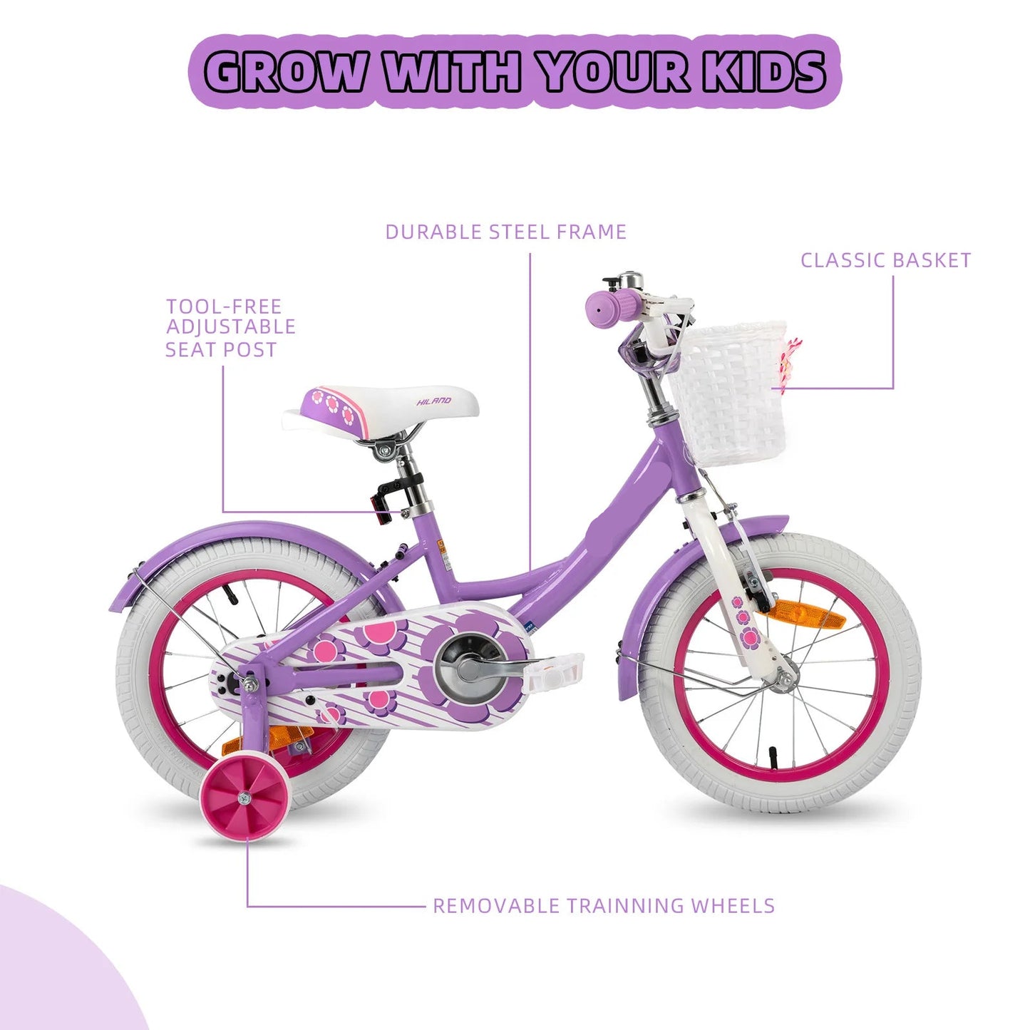Kinderfiets - Kinderfietsen - Meisjesfiets - 14” - Beginnersfiets - Fiets met hulpwielen, Koolstofstaal - Binnen en buiten te gebruiken - Wit