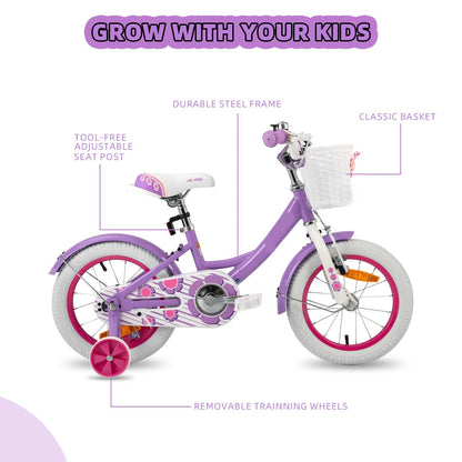 Kinderfiets - Kinderfietsen - Meisjesfiets - 12” - Beginnersfiets - Fiets met hulpwielen, Koolstofstaal - Binnen en buiten te gebruiken - Paars