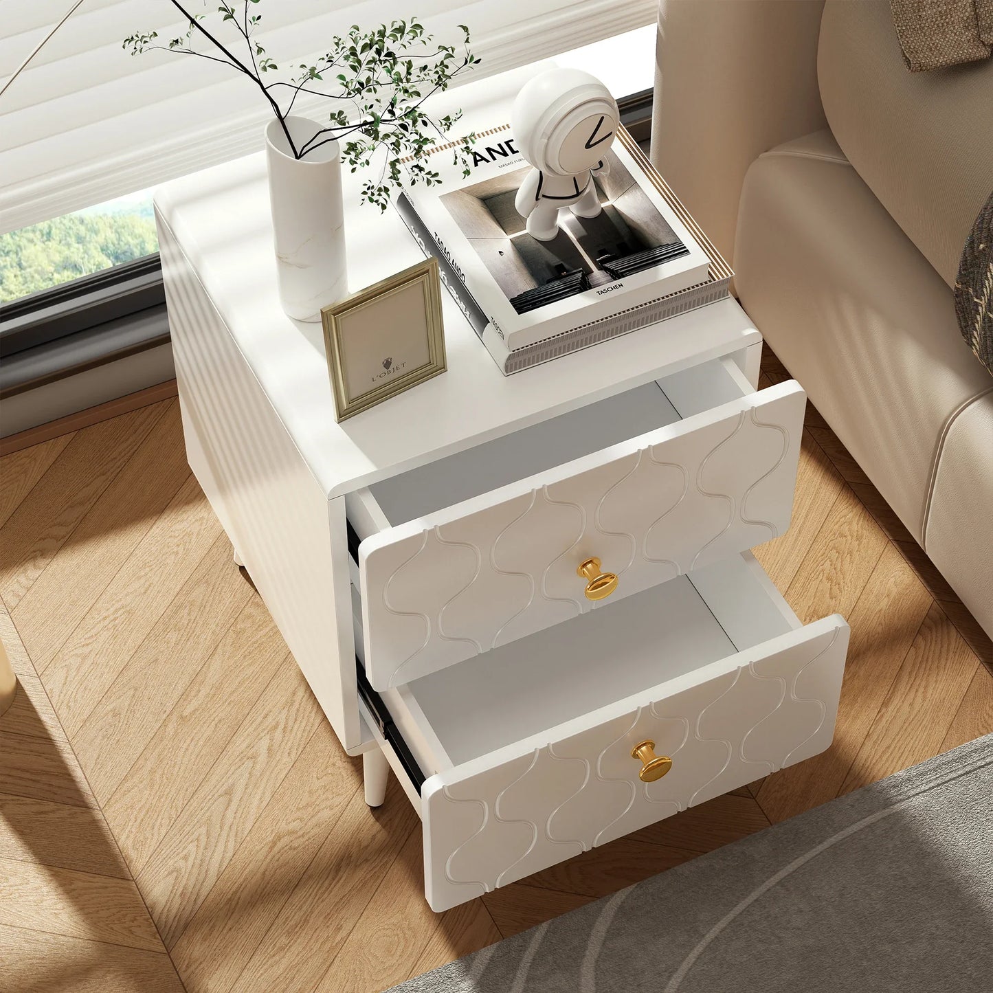 Modern Nachtkastje - Wit - set van 2 - Vergulde handgrepen - Golfpatroon - met 2 laden - gelakt - hoeken in stootvast ontwerp - 39,5 B*40 D*50 H cm - QUORE
