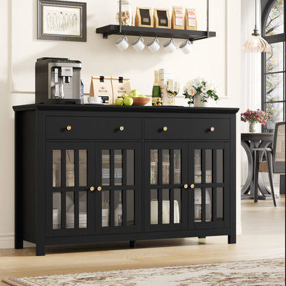 Sideboard – Dressoir – Buffetkast – Opbergkast – Kast – Zwart – 140x40x91 cm – Verstelbare Planken & Glazen Deuren