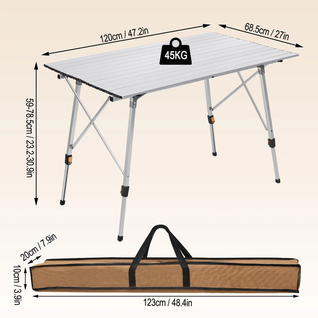 Opklapbare Tafel - Opvouwbare Tafel - Opklapbare Tafel Rechthoekig - Tafels - Kampeertafel - Kampeertafel Opvouwbaar - 120x68.5cm - 4-6 Personen - Aluminium - Verstelbare Hoogte - Zilver